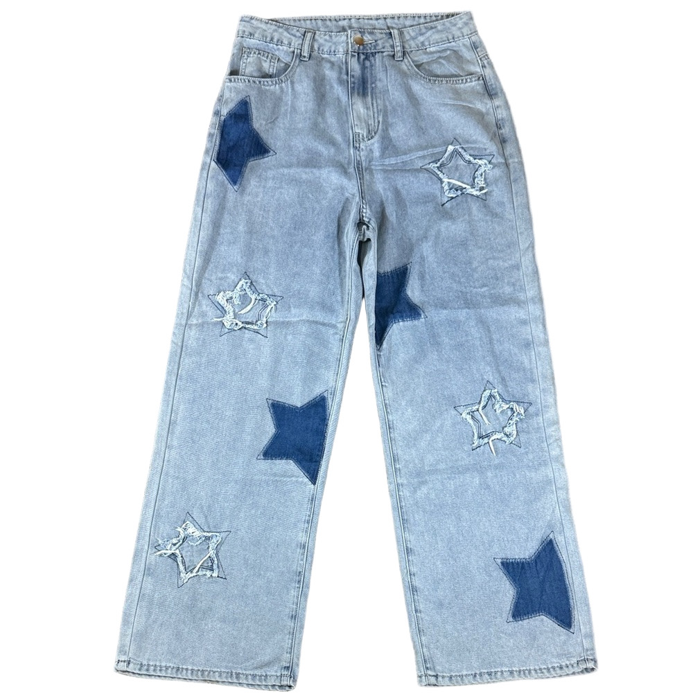 Light Wash Star Appliqué Straight Leg Jeans